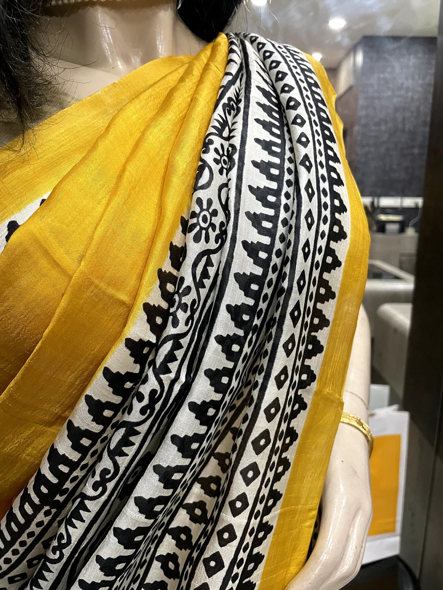 SP24A151 Yellow Black Pure Bishnupuri Silk Saree