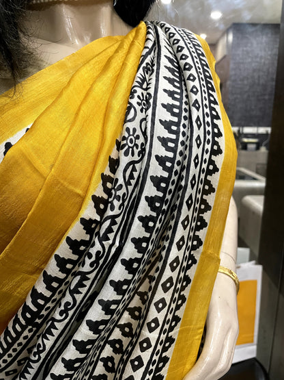 SP24A151 Yellow Black Pure Bishnupuri Silk Saree