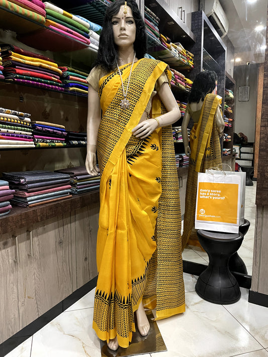 SP24A152 Yellow Black Pure Bishnupuri Silk Saree