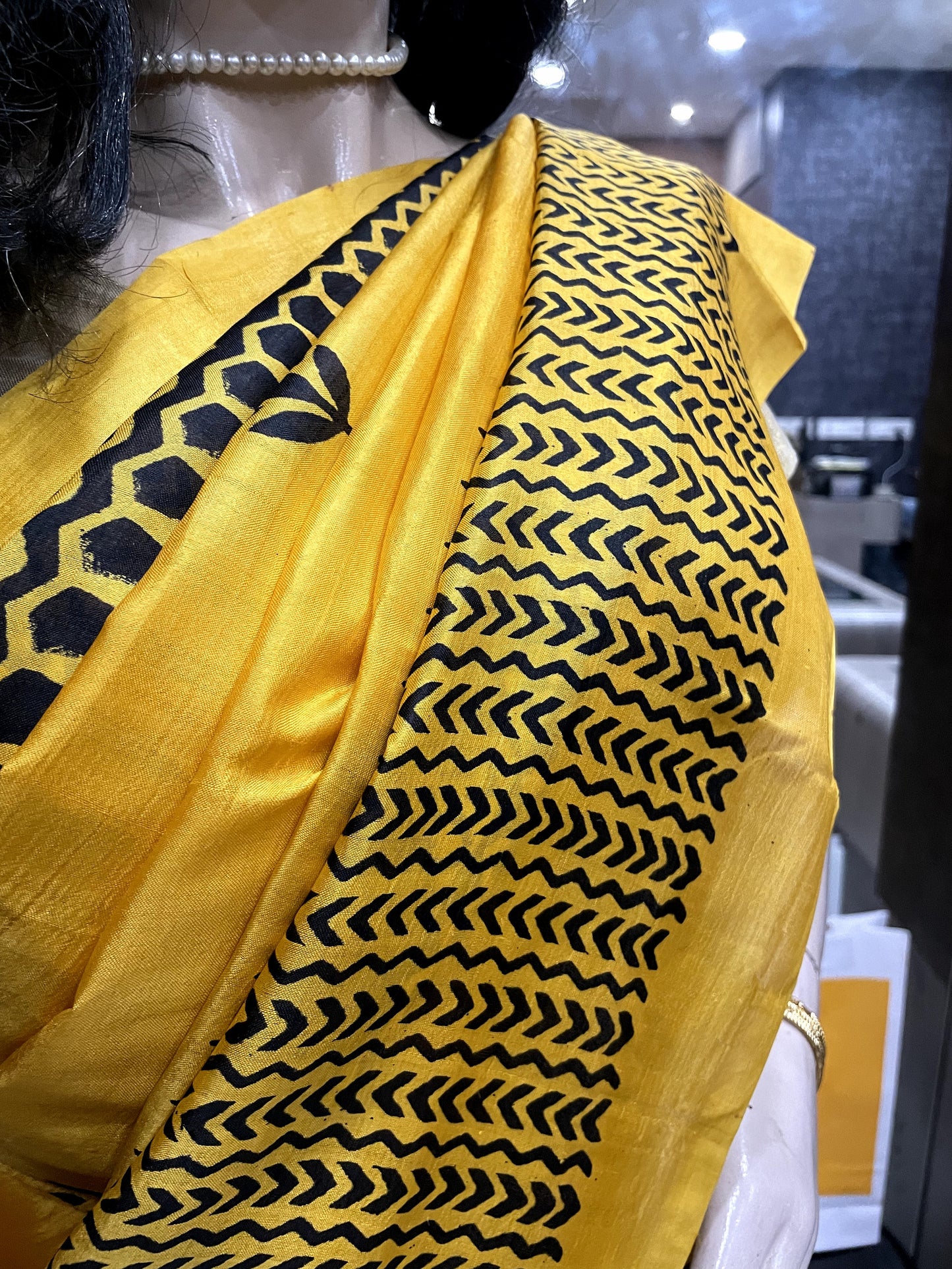 SP24A152 Yellow Black Pure Bishnupuri Silk Saree