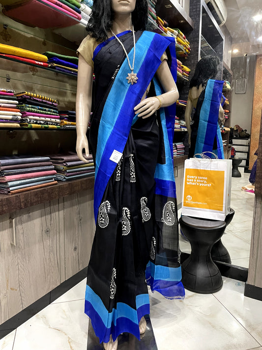 SP24A155 Black Blue Pure Bishnupuri Silk Saree