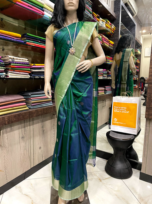 SP24A170 Peacock Green Silver Pure Handloom Uppada Silk Saree