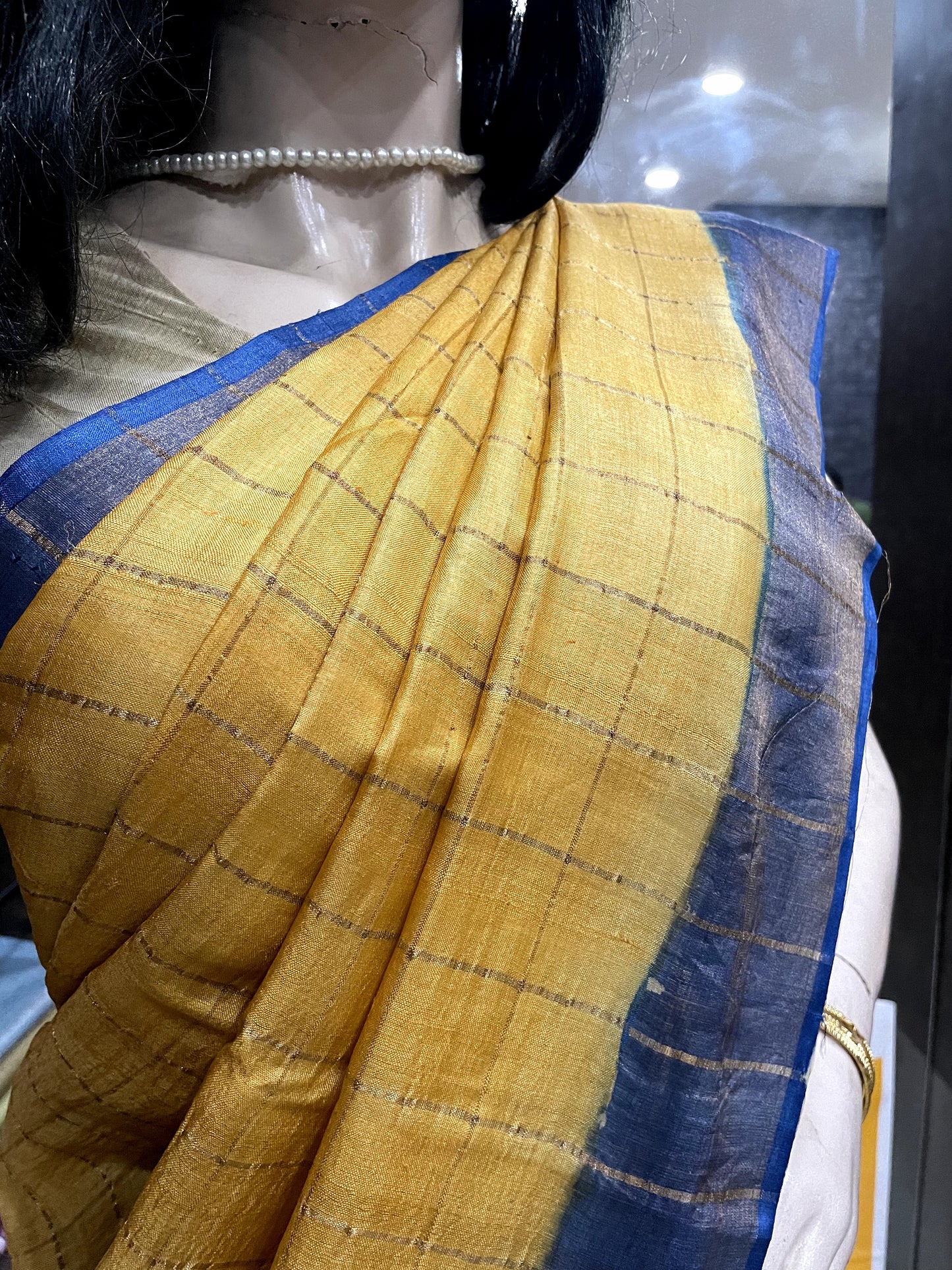 SP24A179 Yellow Blue Pure Block Print Tussar Silk Saree