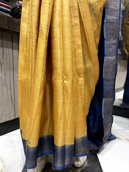 SP24A179 Yellow Blue Pure Block Print Tussar Silk Saree