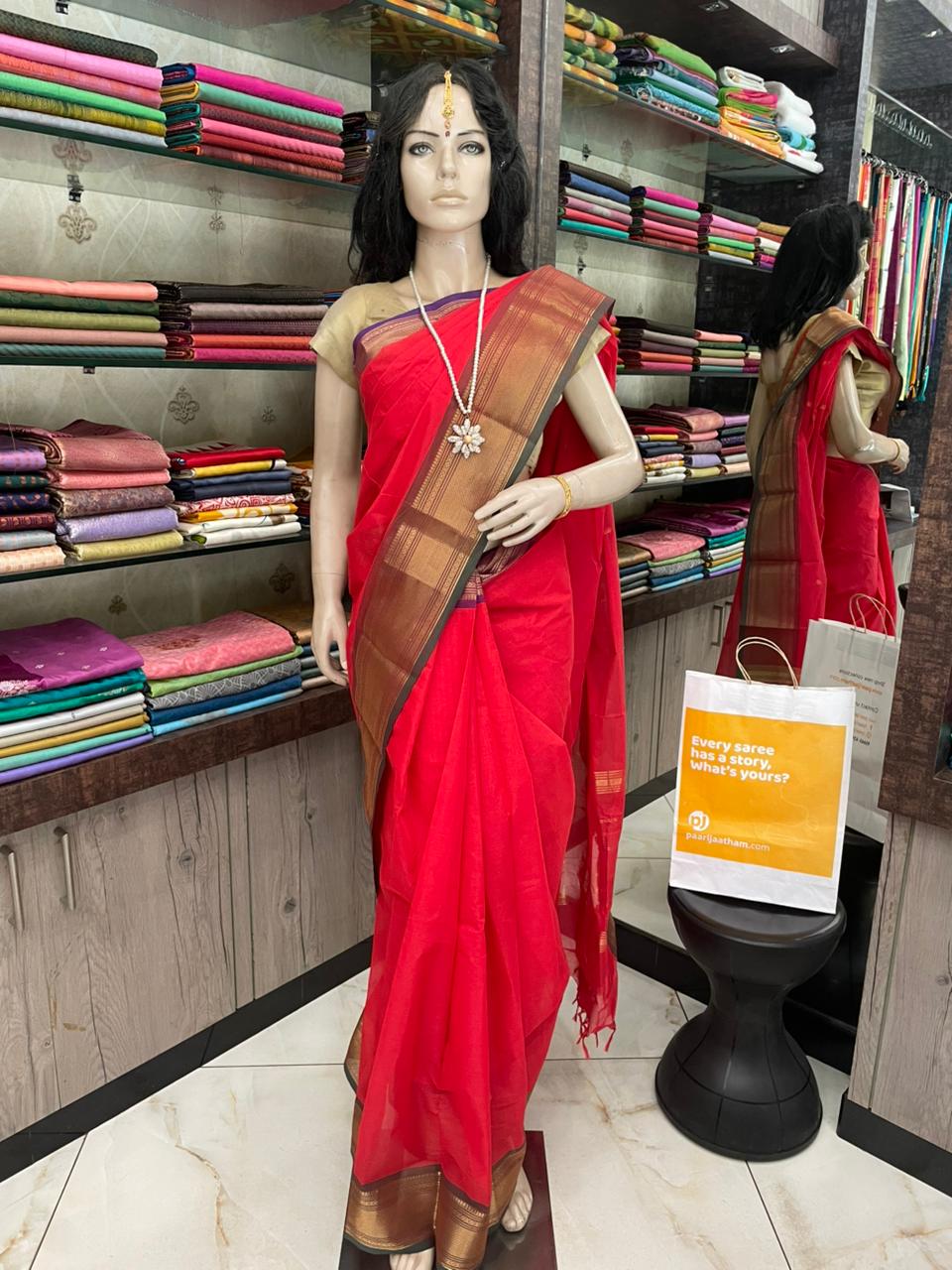SP25A016 Red Pure Hand-loom Kanchi Cotton Saree