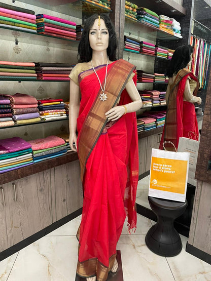 SP25A016 Red Pure Hand-loom Kanchi Cotton Saree
