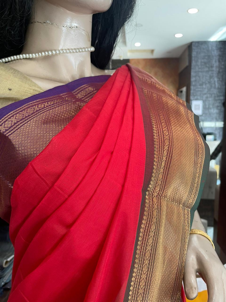 SP25A016 Red Pure Hand-loom Kanchi Cotton Saree