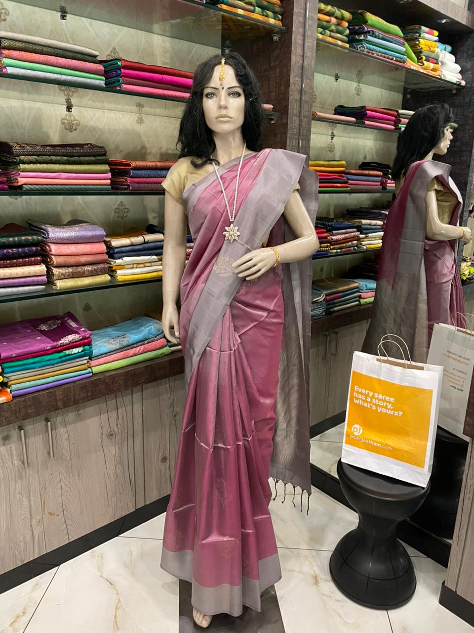SP25A019 Pink Grey Pure Handloom Soft Silk Saree