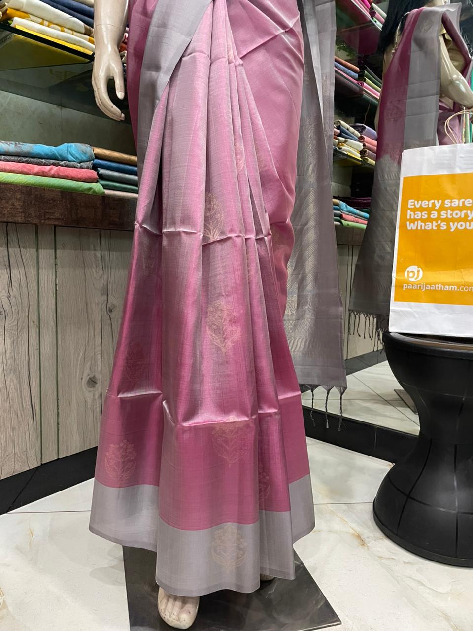 SP25A019 Pink Grey Pure Handloom Soft Silk Saree