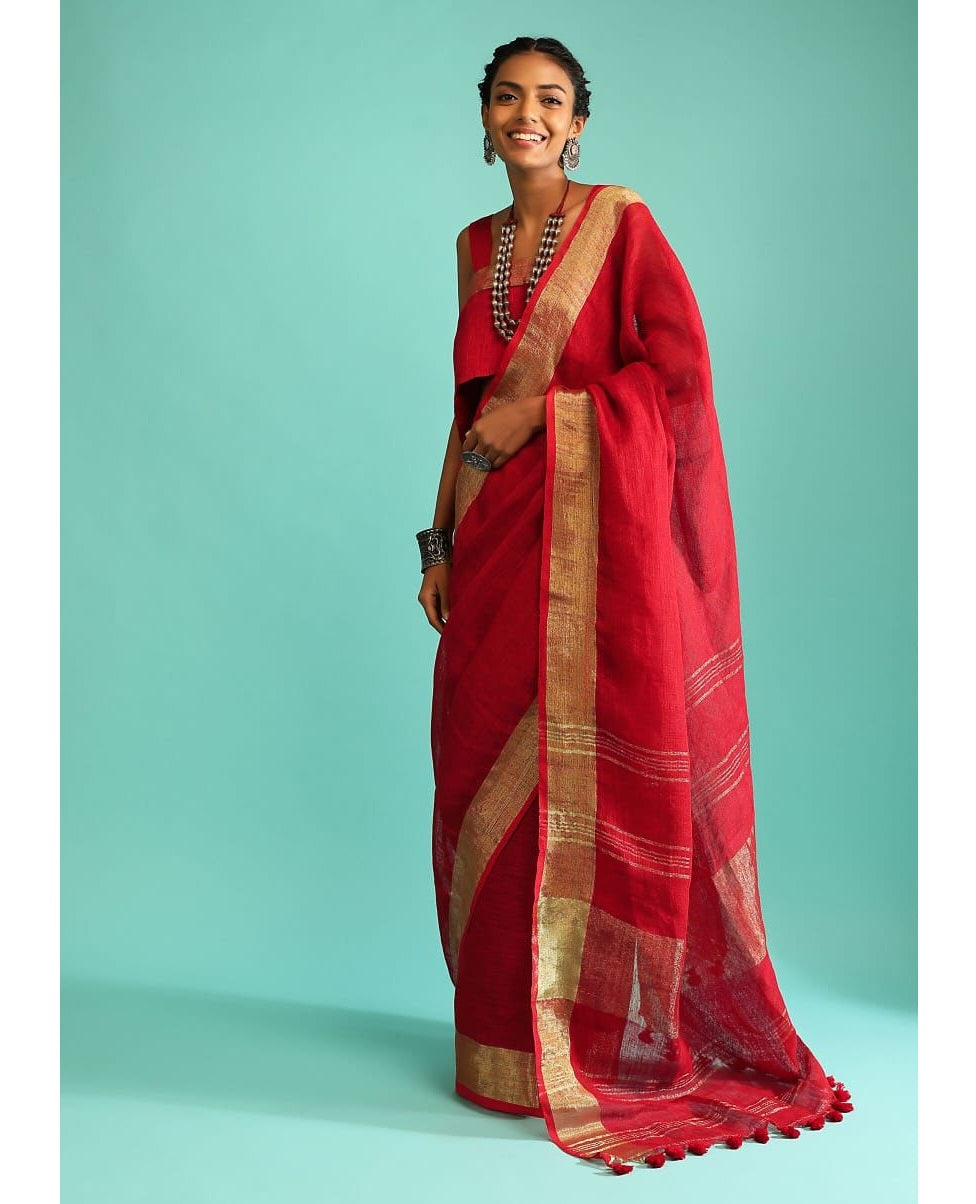 Red Gold Pure Handloom Linen Saree