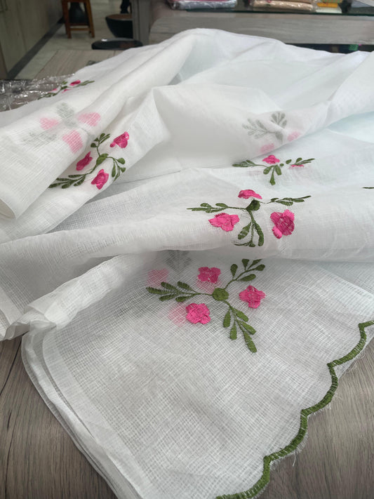 White Pink Pure Embroidery Kota Cotton Saree