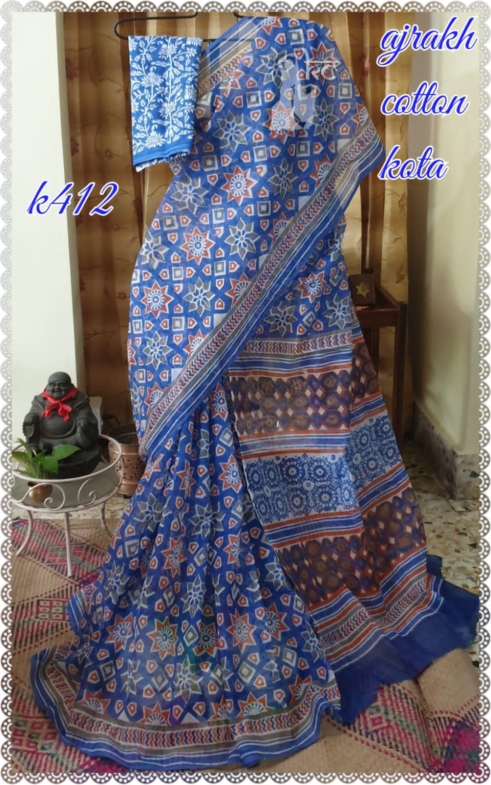 Blue White Block Printed Kota Doria Saree