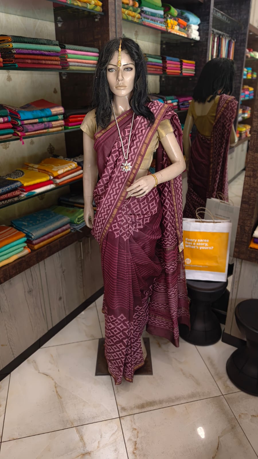 MY26A002 Wine Pure Hand Block Printed Chanderi Silk Saree