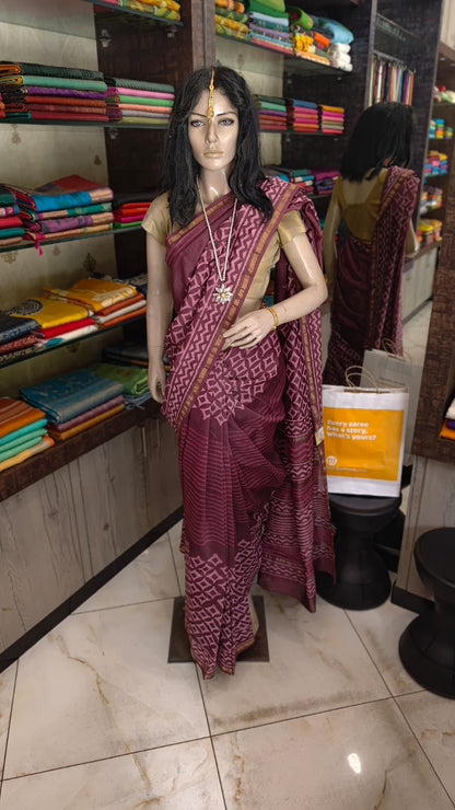 MY26A002 Wine Pure Hand Block Printed Chanderi Silk Saree