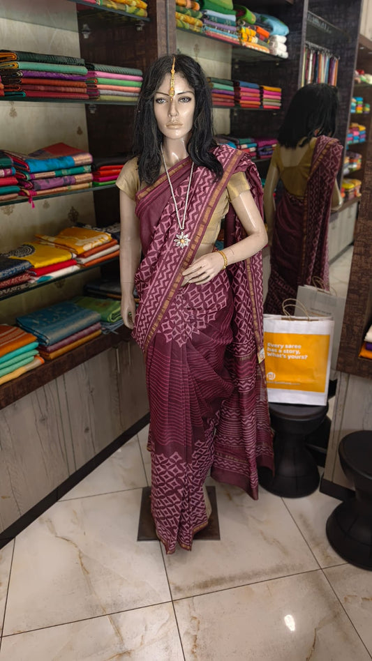 MY26A002 Wine Pure Hand Block Printed Chanderi Silk Saree