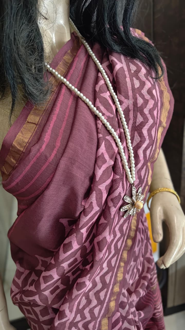 MY26A002 Wine Pure Hand Block Printed Chanderi Silk Saree