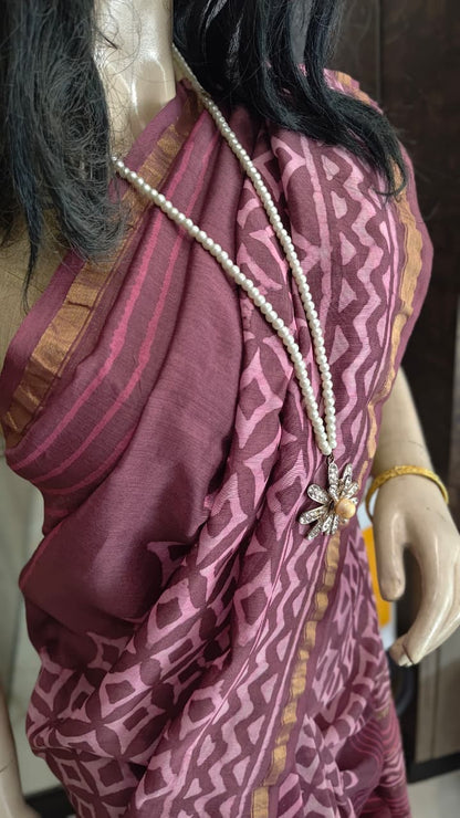 MY26A002 Wine Pure Hand Block Printed Chanderi Silk Saree