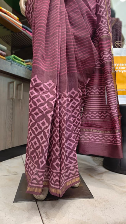 MY26A002 Wine Pure Hand Block Printed Chanderi Silk Saree