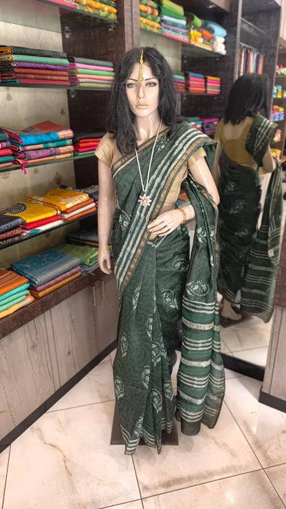 MY26A008 Green  Pure Hand Block Printed Chanderi Silk Saree