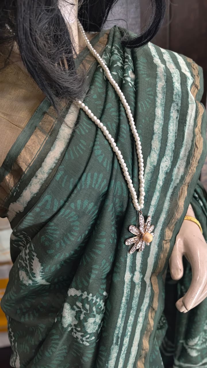 MY26A008 Green  Pure Hand Block Printed Chanderi Silk Saree