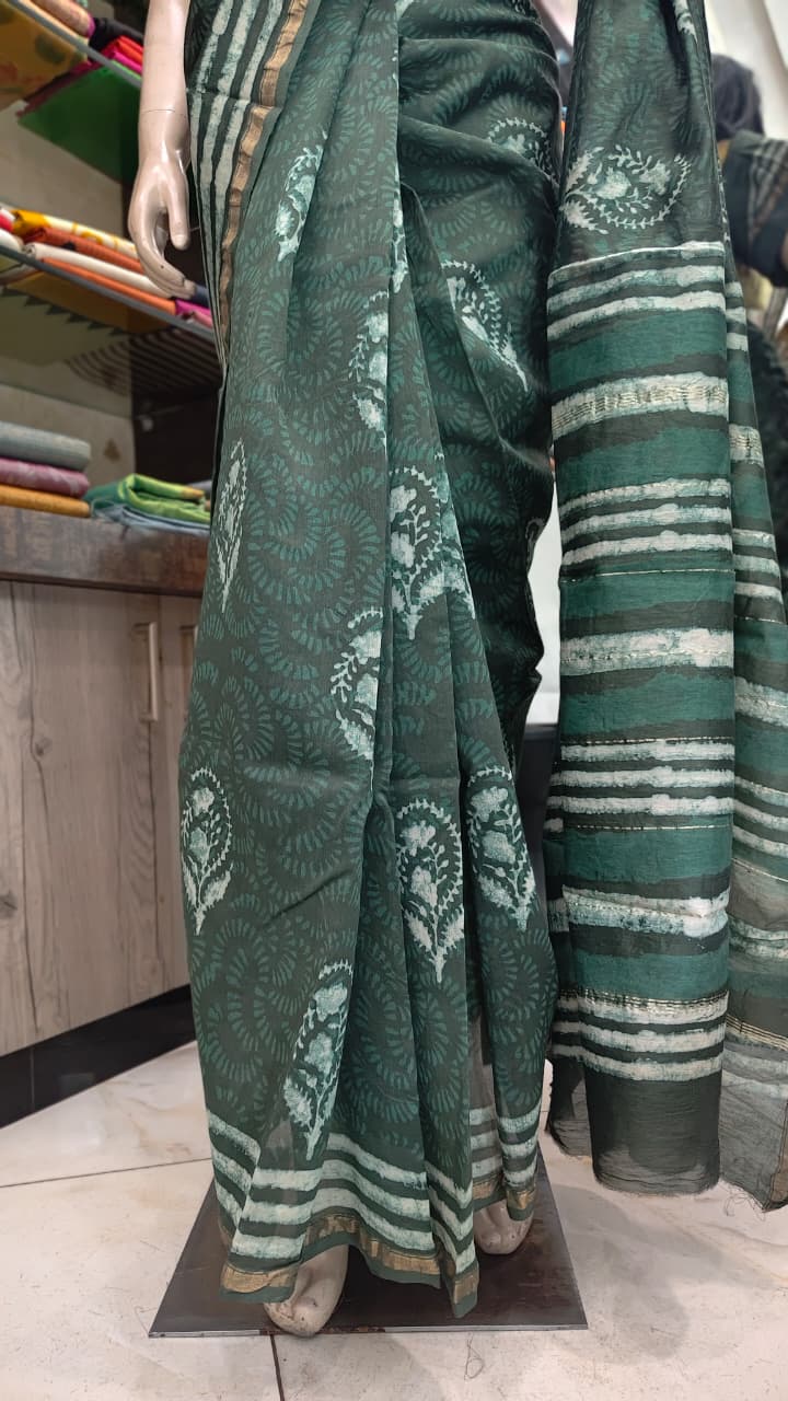 MY26A008 Green  Pure Hand Block Printed Chanderi Silk Saree