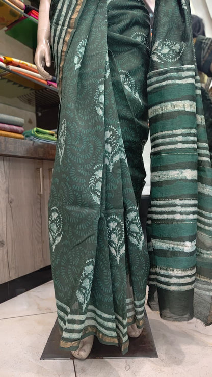 MY26A008 Green  Pure Hand Block Printed Chanderi Silk Saree