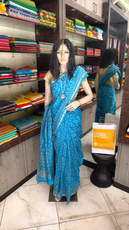 MY26A007 Blue Pure Hand Block Printed Chanderi Silk Saree