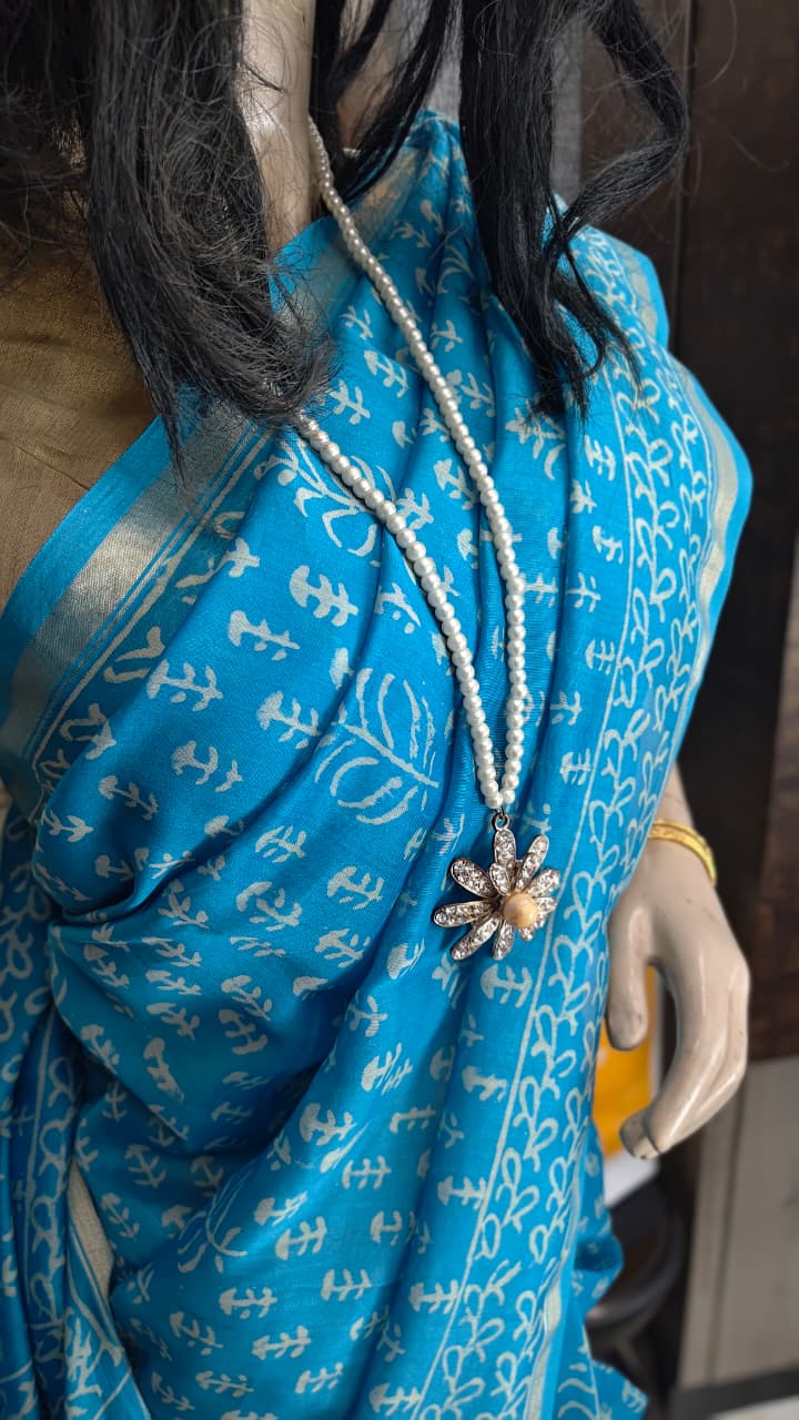 MY26A007 Blue Pure Hand Block Printed Chanderi Silk Saree