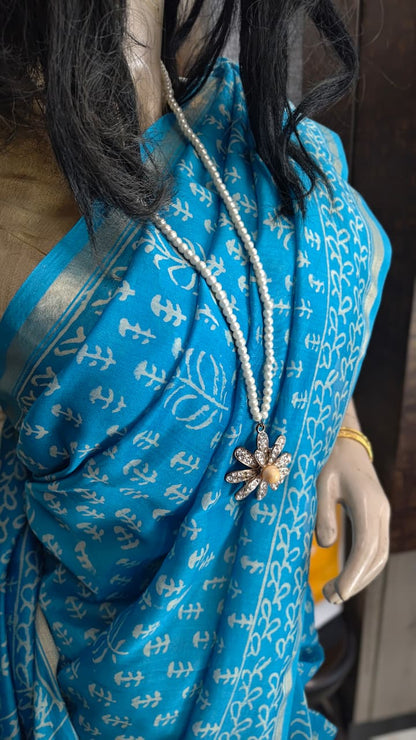 MY26A007 Blue Pure Hand Block Printed Chanderi Silk Saree