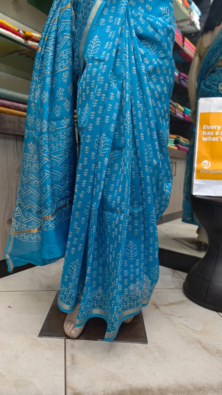 MY26A007 Blue Pure Hand Block Printed Chanderi Silk Saree