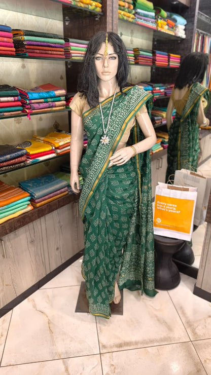 MY26A006 Green Pure Hand Block Printed Chanderi Silk Saree