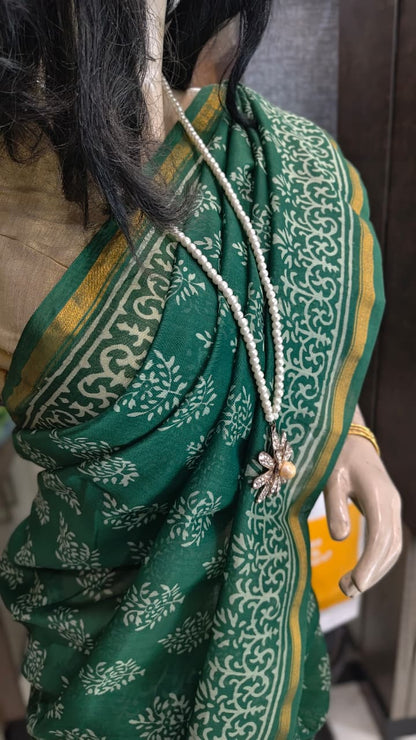 MY26A006 Green Pure Hand Block Printed Chanderi Silk Saree