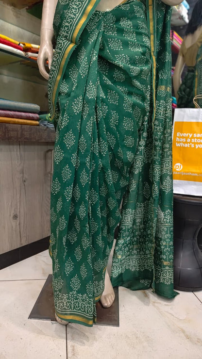 MY26A006 Green Pure Hand Block Printed Chanderi Silk Saree