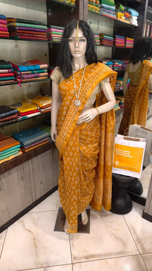 MY26A003 Golden Yellow Pure Hand Block Printed Chanderi Silk Saree