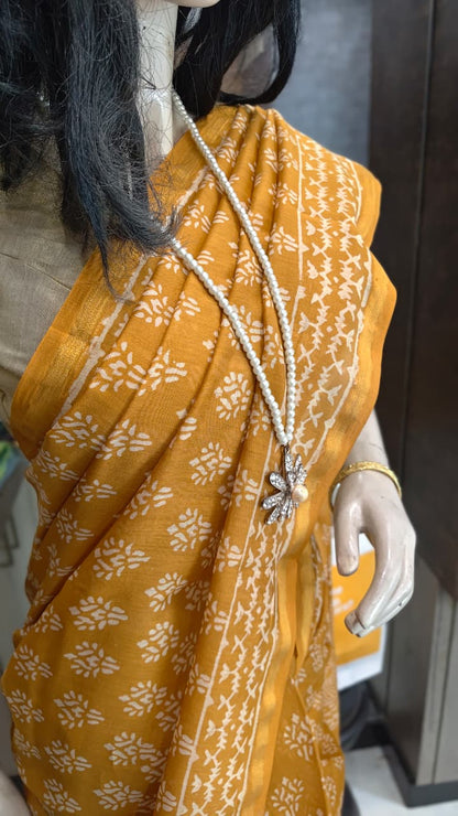 MY26A003 Golden Yellow Pure Hand Block Printed Chanderi Silk Saree