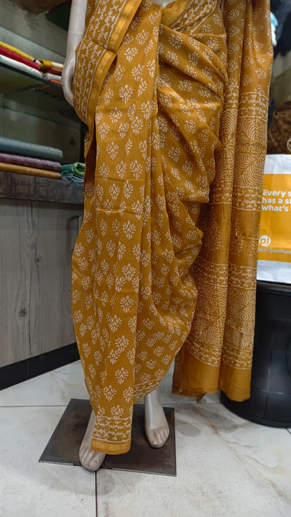 MY26A003 Golden Yellow Pure Hand Block Printed Chanderi Silk Saree