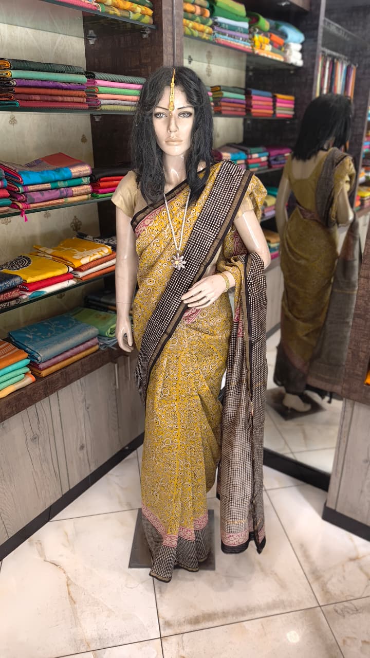 MY26A001 Mustard Yellow Pure Hand Block Printed Chanderi Silk Saree