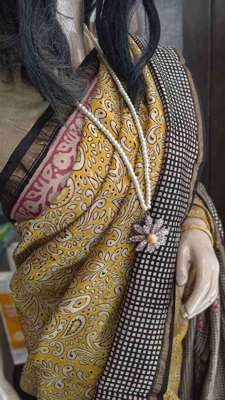 MY26A001 Mustard Yellow Pure Hand Block Printed Chanderi Silk Saree
