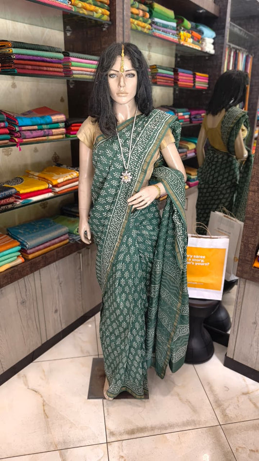 MY26A009 Green Pure Hand Block Printed Chanderi Silk Saree