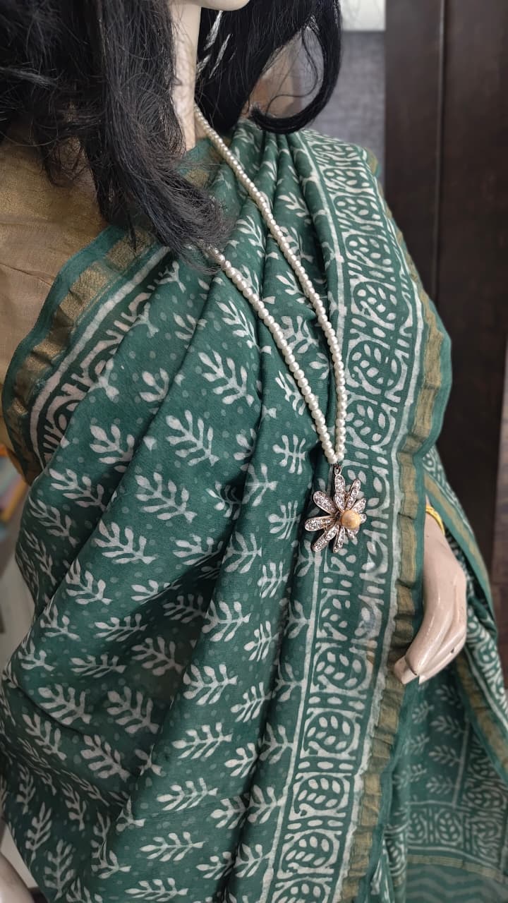 MY26A009 Green Pure Hand Block Printed Chanderi Silk Saree