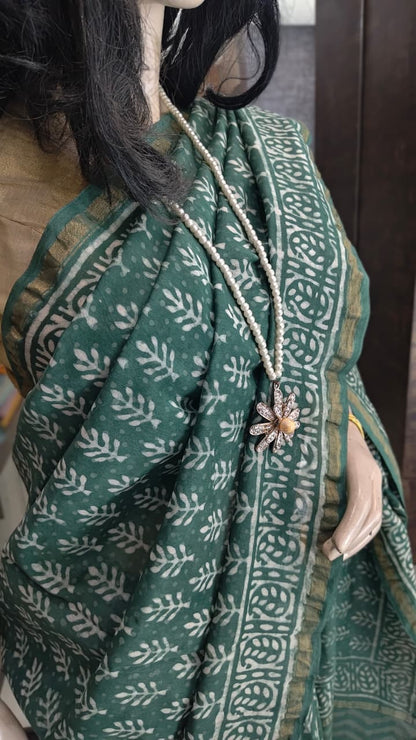 MY26A009 Green Pure Hand Block Printed Chanderi Silk Saree