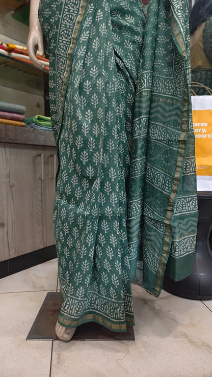 MY26A009 Green Pure Hand Block Printed Chanderi Silk Saree
