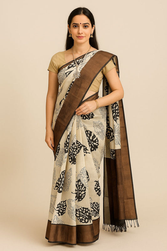 SP24A136 White Black Pure Block Print Tussar Silk Saree