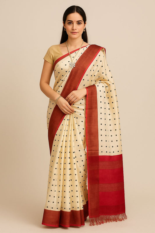 SP24A138 White Peach Pure Block Print Tussar Silk Saree