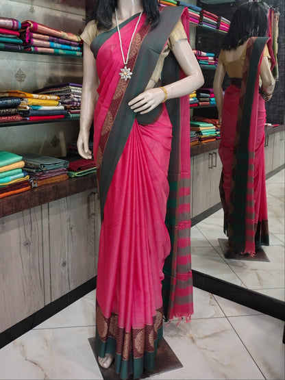 JA25A035 Pink and Green Pure Handloom Narayanpet Cotton Saree