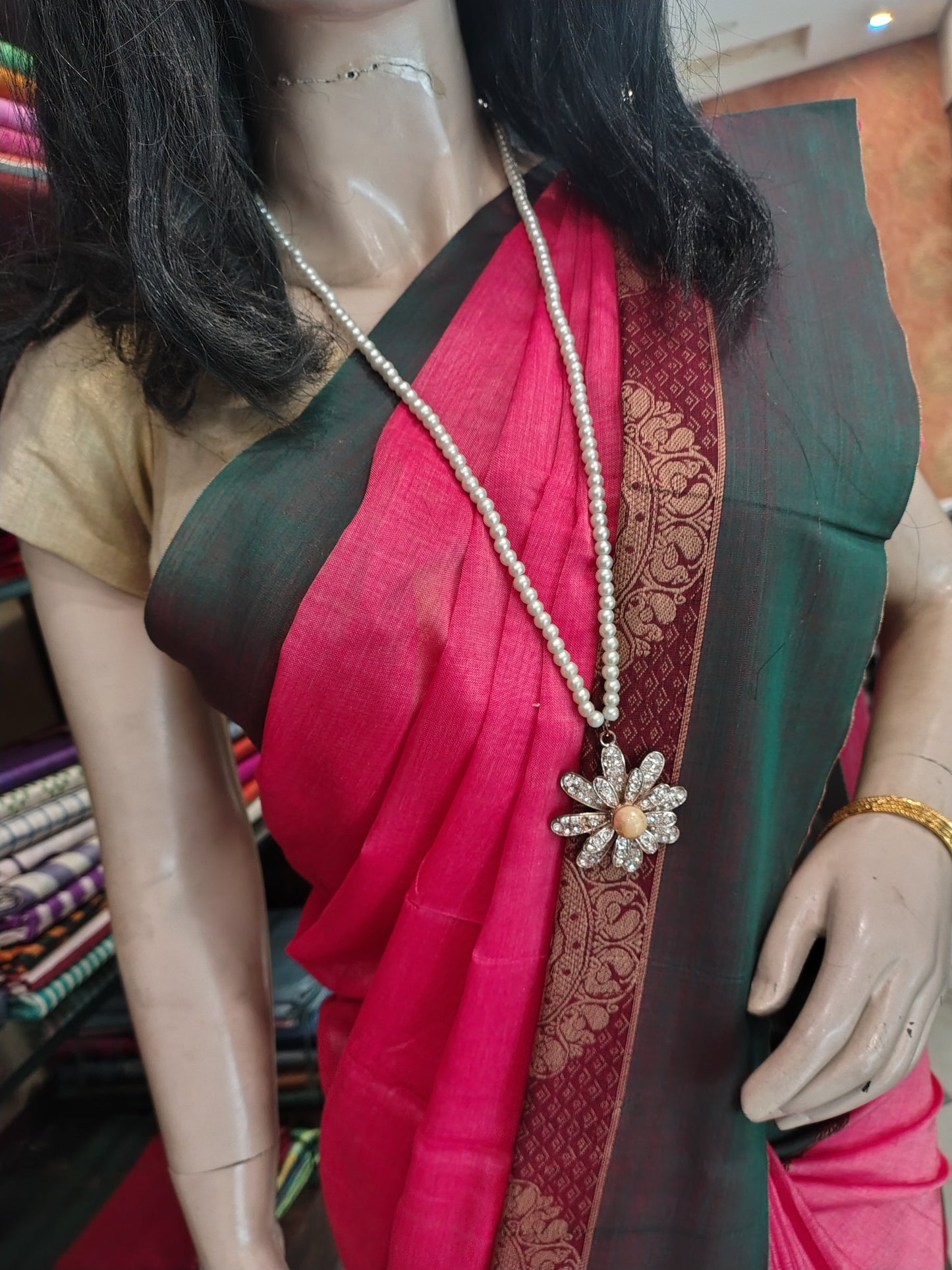 JA25A035 Pink and Green Pure Handloom Narayanpet Cotton Saree