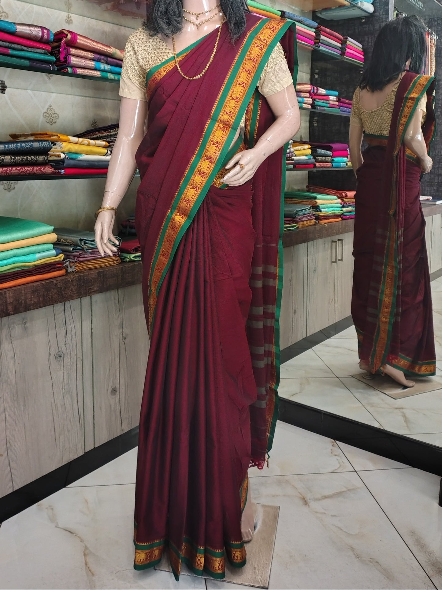 JA26A032 Maroon and Green Pure Handloom Narayanpet Cotton Saree