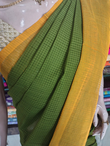 JL26A027 Green and Yellow Pure Handloom Mangalgiri Cotton Saree