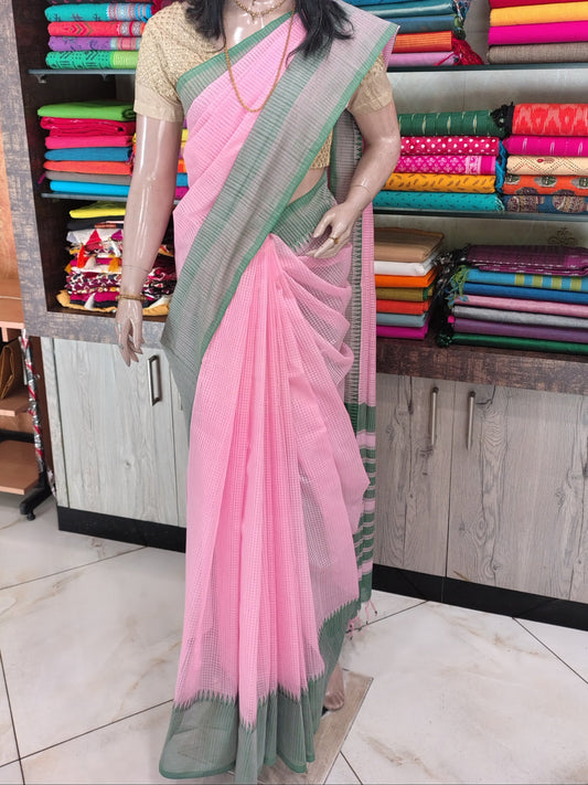 JN26A032 Pink and Green Pure Handloom Mangalgiri Cotton Saree