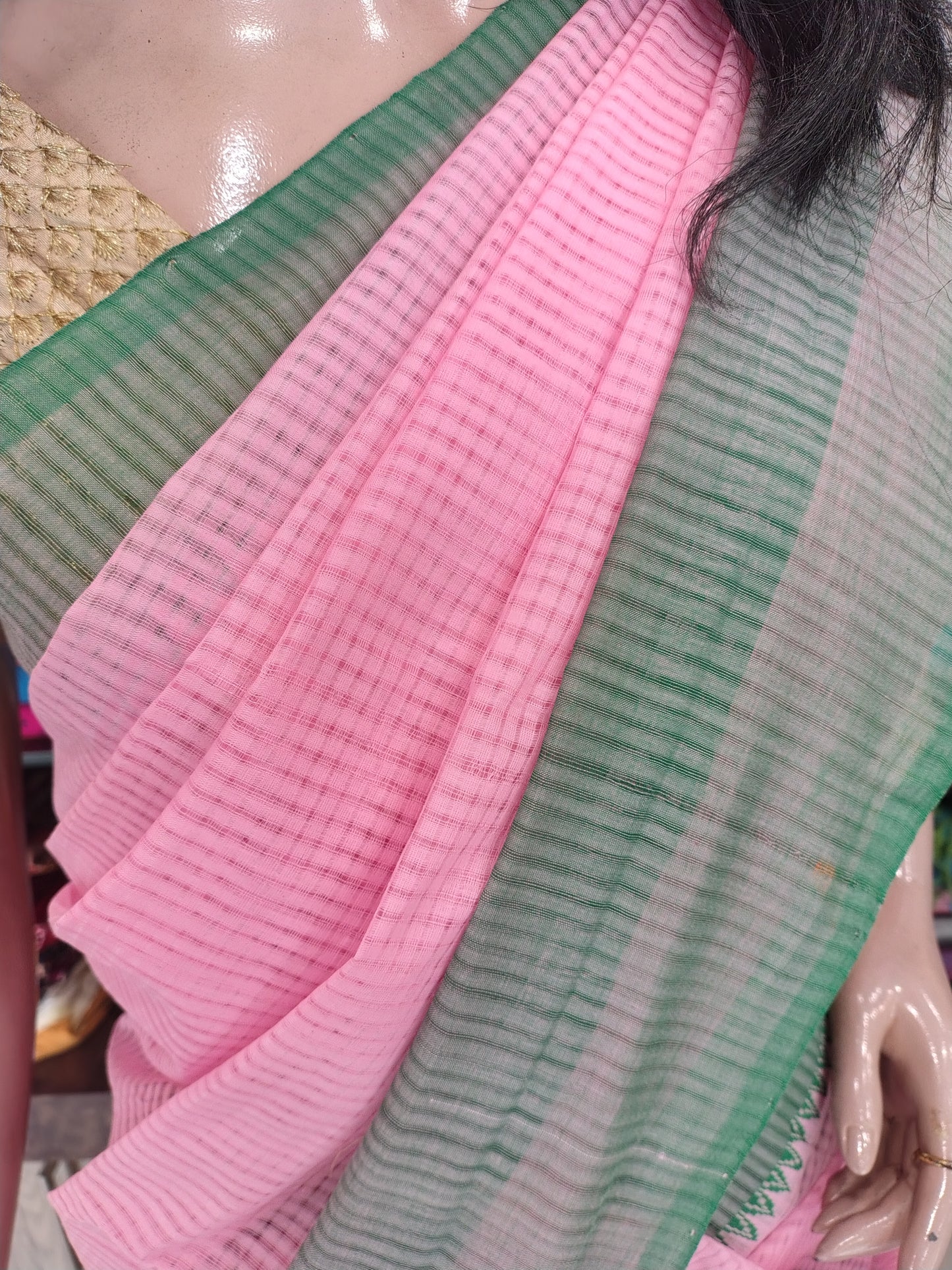 JN26A032 Pink and Green Pure Handloom Mangalgiri Cotton Saree